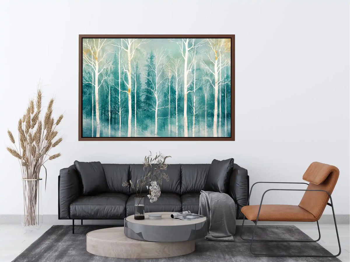 Minimalist teal forest wall art with white winter trees and soft misty Scandinavian nature aesthetic for modern decor