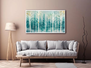 Minimalist teal forest wall art with white winter trees and soft misty Scandinavian nature aesthetic for modern decor