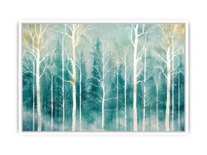Minimalist teal forest wall art with white winter trees and soft misty Scandinavian nature aesthetic for modern decor