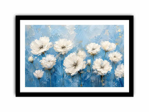 White floral abstract wall art with textured blue background and elegant modern botanical painting aesthetic