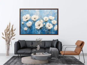 White floral abstract wall art with textured blue background and elegant modern botanical painting aesthetic