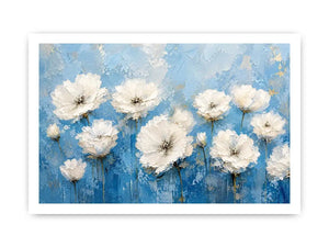 White floral abstract wall art with textured blue background and elegant modern botanical painting aesthetic