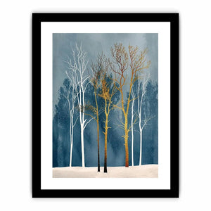 Minimalist gold tree forest wall art with soft blue background and Scandinavian botanical design for modern interiors
