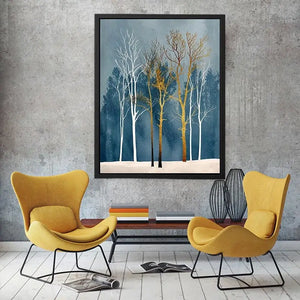 Minimalist gold tree forest wall art with soft blue background and Scandinavian botanical design for modern interiors