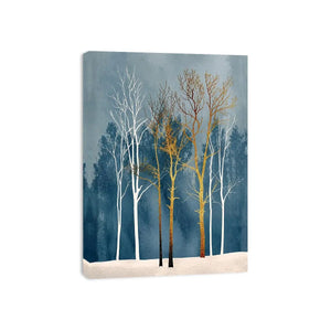 Minimalist gold tree forest wall art with soft blue background and Scandinavian botanical design for modern interiors