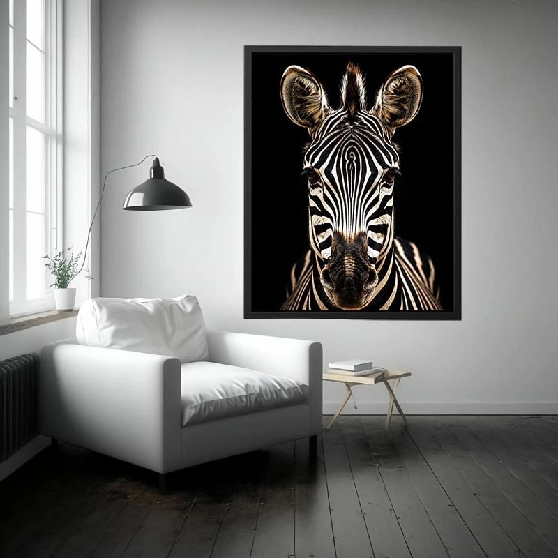 Black and white zebra portrait wall art with dramatic wildlife photography and minimalist safari aesthetic for modern decor
