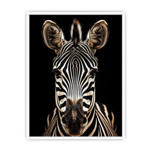 Black and white zebra portrait wall art with dramatic wildlife photography and minimalist safari aesthetic for modern decor
