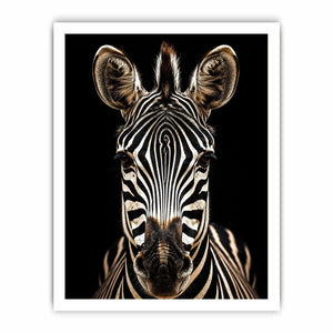 Black and white zebra portrait wall art with dramatic wildlife photography and minimalist safari aesthetic for modern decor