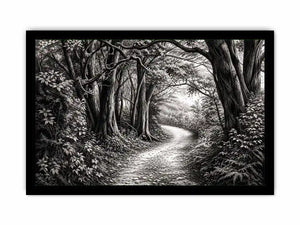 Black and white forest path wall art with detailed woodland trees and vintage nature illustration aesthetic