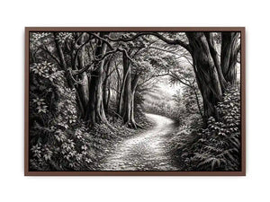 Black and white forest path wall art with detailed woodland trees and vintage nature illustration aesthetic