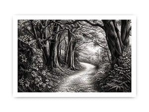 Black and white forest path wall art with detailed woodland trees and vintage nature illustration aesthetic