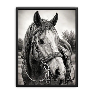 Black and white horse portrait wall art with detailed western bridle and elegant monochrome countryside aesthetic