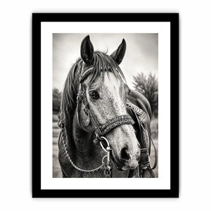 Black and white horse portrait wall art with detailed western bridle and elegant monochrome countryside aesthetic