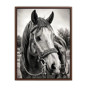Black and white horse portrait wall art with detailed western bridle and elegant monochrome countryside aesthetic