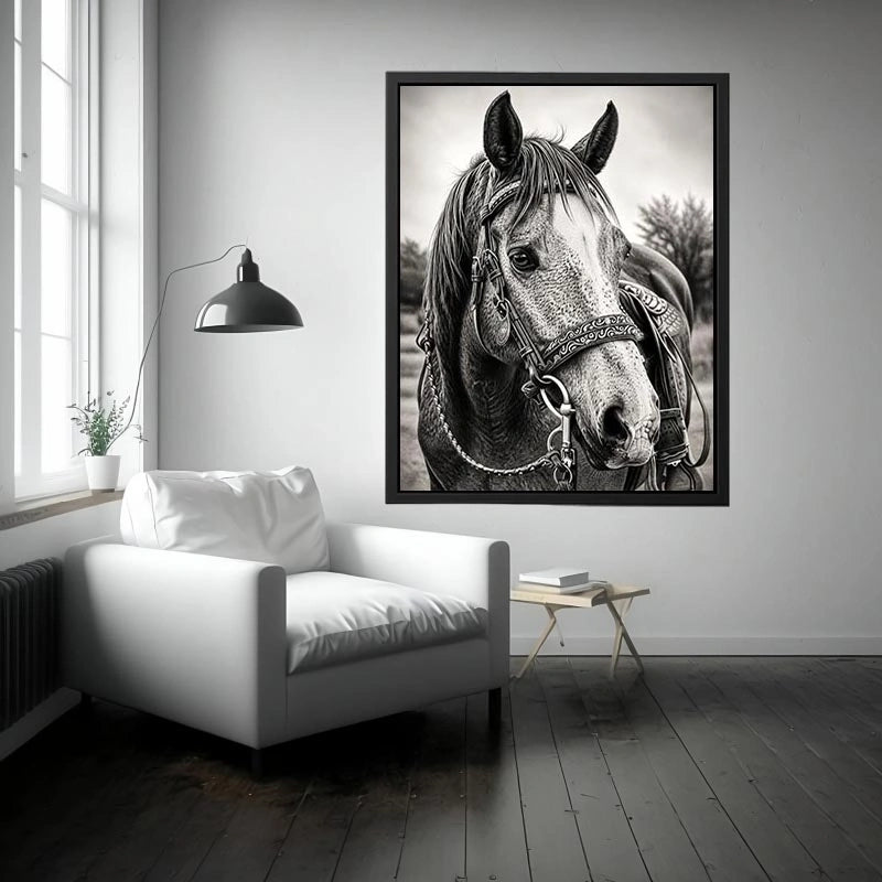 Black and white horse portrait wall art with detailed western bridle and elegant monochrome countryside aesthetic