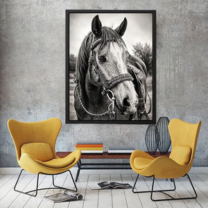 Black and white horse portrait wall art with detailed western bridle and elegant monochrome countryside aesthetic