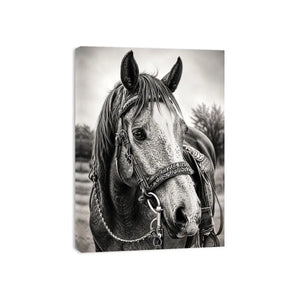Black and white horse portrait wall art with detailed western bridle and elegant monochrome countryside aesthetic