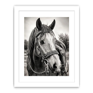 Black and white horse portrait wall art with detailed western bridle and elegant monochrome countryside aesthetic