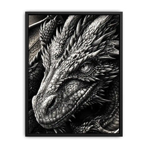 Detailed black and white dragon wall art with intricate fantasy scales and powerful mythical creature illustration