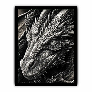 Detailed black and white dragon wall art with intricate fantasy scales and powerful mythical creature illustration