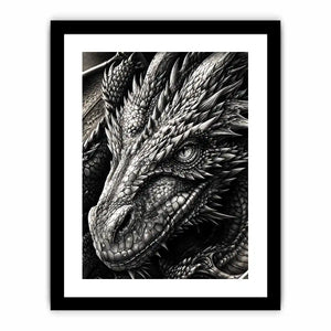 Detailed black and white dragon wall art with intricate fantasy scales and powerful mythical creature illustration
