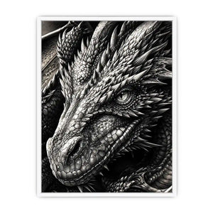 Detailed black and white dragon wall art with intricate fantasy scales and powerful mythical creature illustration