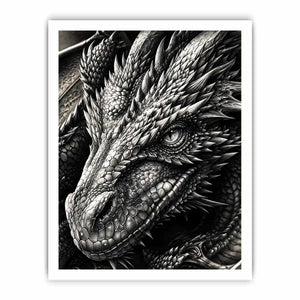Detailed black and white dragon wall art with intricate fantasy scales and powerful mythical creature illustration