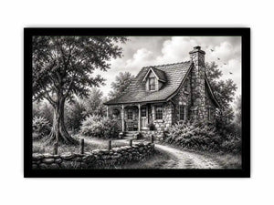 Black and white cottage wall art with rustic stone house and peaceful countryside landscape illustration