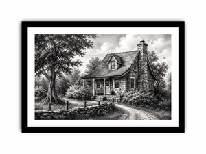 Black and white cottage wall art with rustic stone house and peaceful countryside landscape illustration