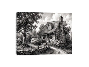 Black and white cottage wall art with rustic stone house and peaceful countryside landscape illustration