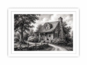 Black and white cottage wall art with rustic stone house and peaceful countryside landscape illustration