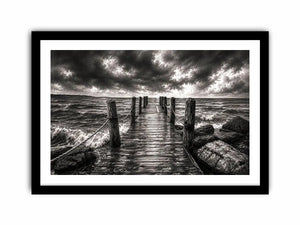 Black and white ocean pier wall art with dramatic coastal waves and minimalist nautical landscape aesthetic