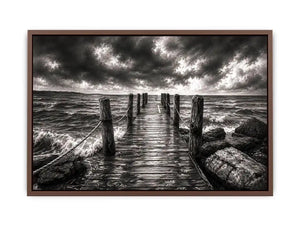 Black and white ocean pier wall art with dramatic coastal waves and minimalist nautical landscape aesthetic