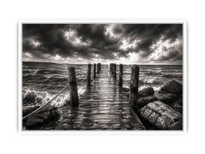Black and white ocean pier wall art with dramatic coastal waves and minimalist nautical landscape aesthetic