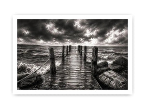 Black and white ocean pier wall art with dramatic coastal waves and minimalist nautical landscape aesthetic