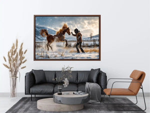 Cinematic winter horse photography wall art canvas with man and rearing horse in snow, dramatic rustic modern decor