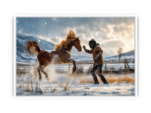 Cinematic winter horse photography wall art canvas with man and rearing horse in snow, dramatic rustic modern decor