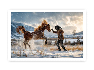 Cinematic winter horse photography wall art canvas with man and rearing horse in snow, dramatic rustic modern decor