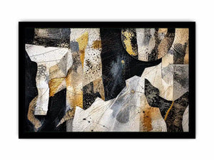 Abstract collage artwork with black, white, and gold textures and layered paper elements