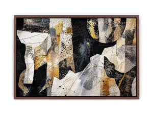 Abstract collage artwork with black, white, and gold textures and layered paper elements