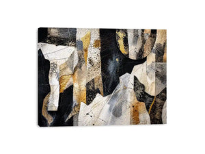 Abstract collage artwork with black, white, and gold textures and layered paper elements