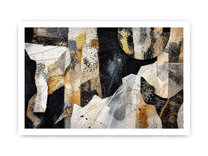 Abstract collage artwork with black, white, and gold textures and layered paper elements