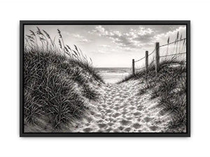 Black and white coastal dune pathway wall art with beach grass and serene ocean horizon pencil sketch