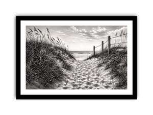 Black and white coastal dune pathway wall art with beach grass and serene ocean horizon pencil sketch
