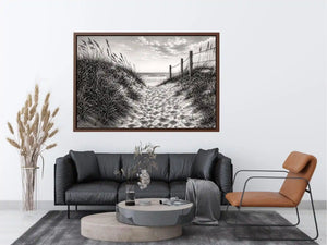 Black and white coastal dune pathway wall art with beach grass and serene ocean horizon pencil sketch