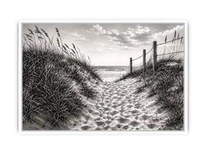 Black and white coastal dune pathway wall art with beach grass and serene ocean horizon pencil sketch