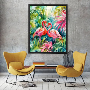 Vibrant tropical flamingo watercolor wall art with lush jungle leaves and elegant pink exotic birds