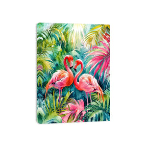 Vibrant tropical flamingo watercolor wall art with lush jungle leaves and elegant pink exotic birds