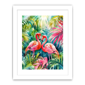 Vibrant tropical flamingo watercolor wall art with lush jungle leaves and elegant pink exotic birds