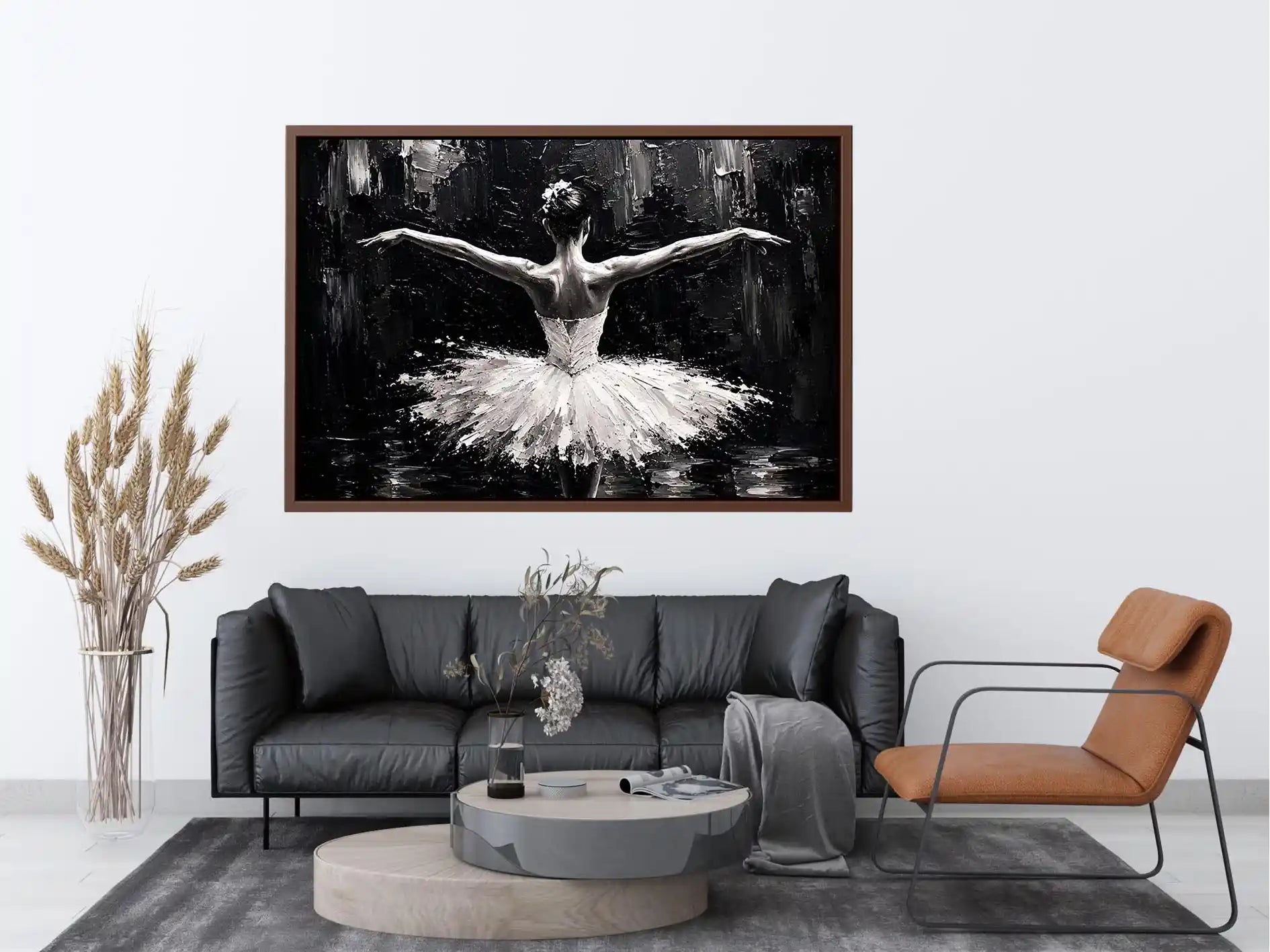 Black and white ballerina wall art with elegant pose and dramatic texture, modern dance canvas for living room or bedroom decor